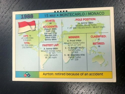 THE MAGIC SENNA PMC 1995 CARD #66 GP 15 MAY IMOLA 1988 NEW MINT - Picture 2 of 2