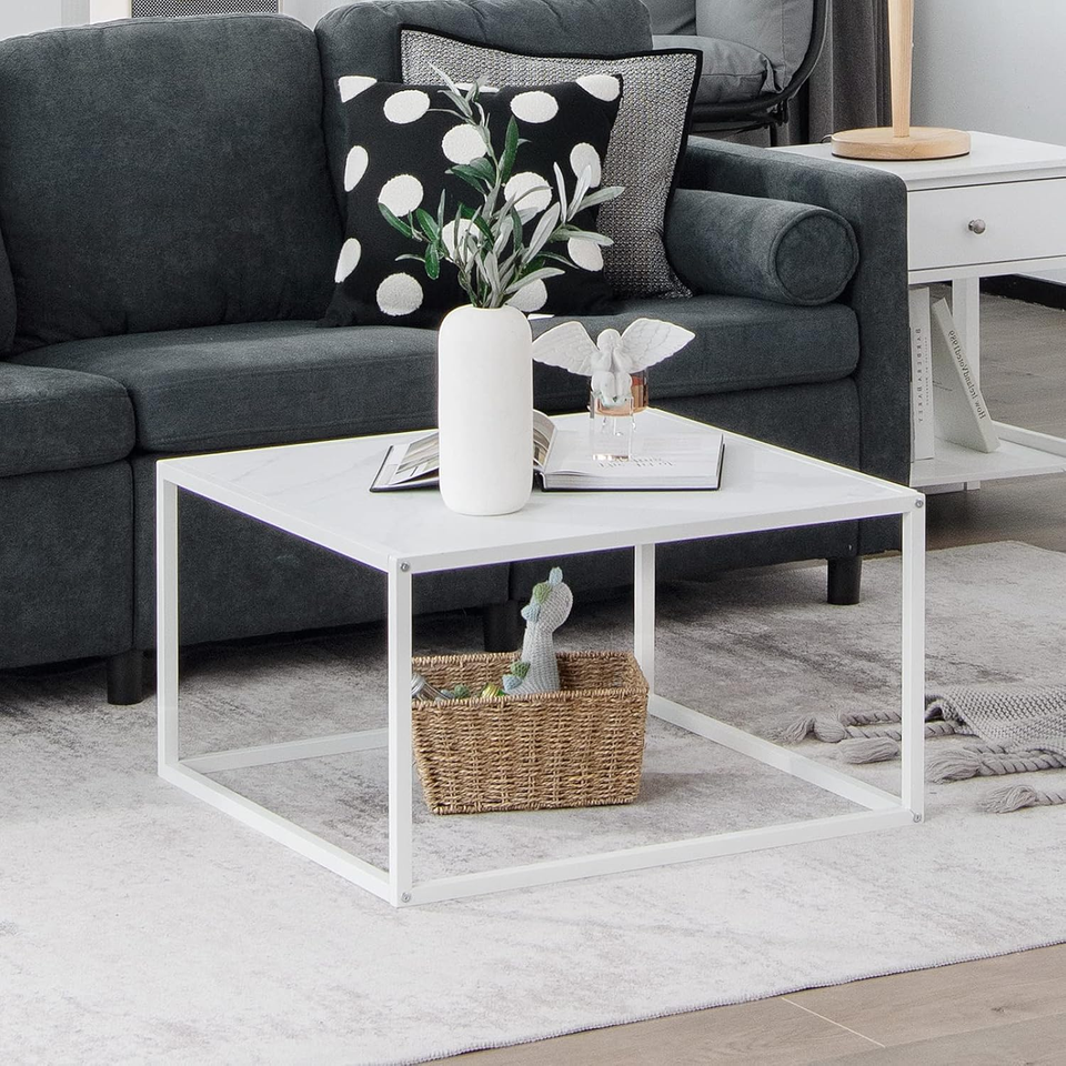 Square Coffee Table, Center Cocktail Table with Faux Marble Tabletop