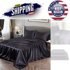 New ListingSatin Bed Sheets Twin Set Soft Black 3 Piece Deep Pocket Fitted Flat Pillowcases