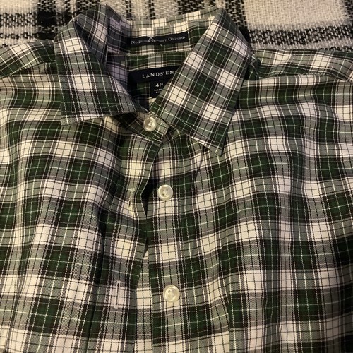 Land’s End No Iron Pinpoint Oxford Green Plaid 4P Women’s Button Shirt