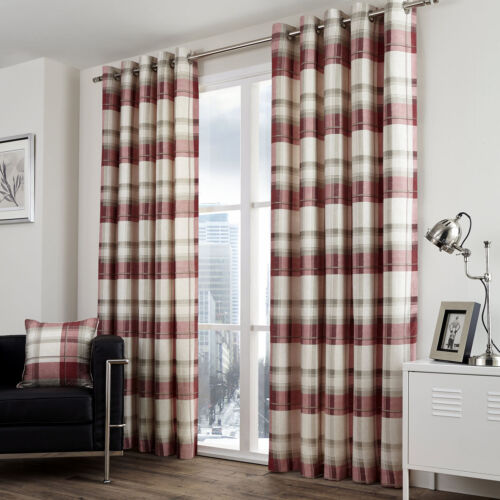 Fusion BALMORAL CHECK Ruby Red Tartan 100% Cotton Eyelet Curtains & Cushions - Picture 9 of 10