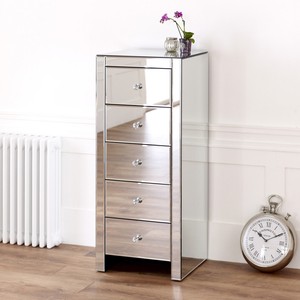 Venetian Mirrored Slimline Compact 5 Drawer Tallboy Wellington