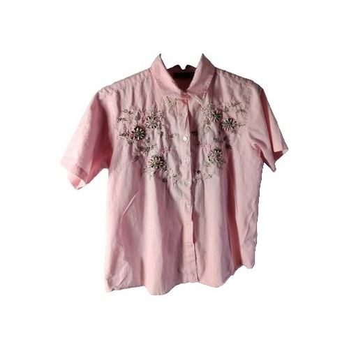 Vintage 80er Jane Ashley Top L rosa Knopf Kurzarm Perlen bestickt Baumwolle - Bild 2 von 10