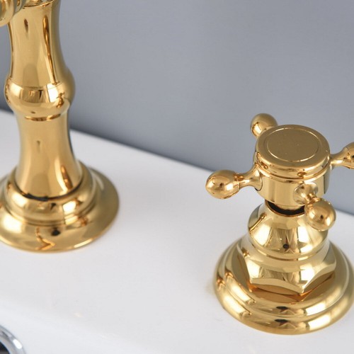 Golden Brass Deck Mount 3 Holes Double Handles Widespread Bathroom Sink Faucet - Picture 6 of 9