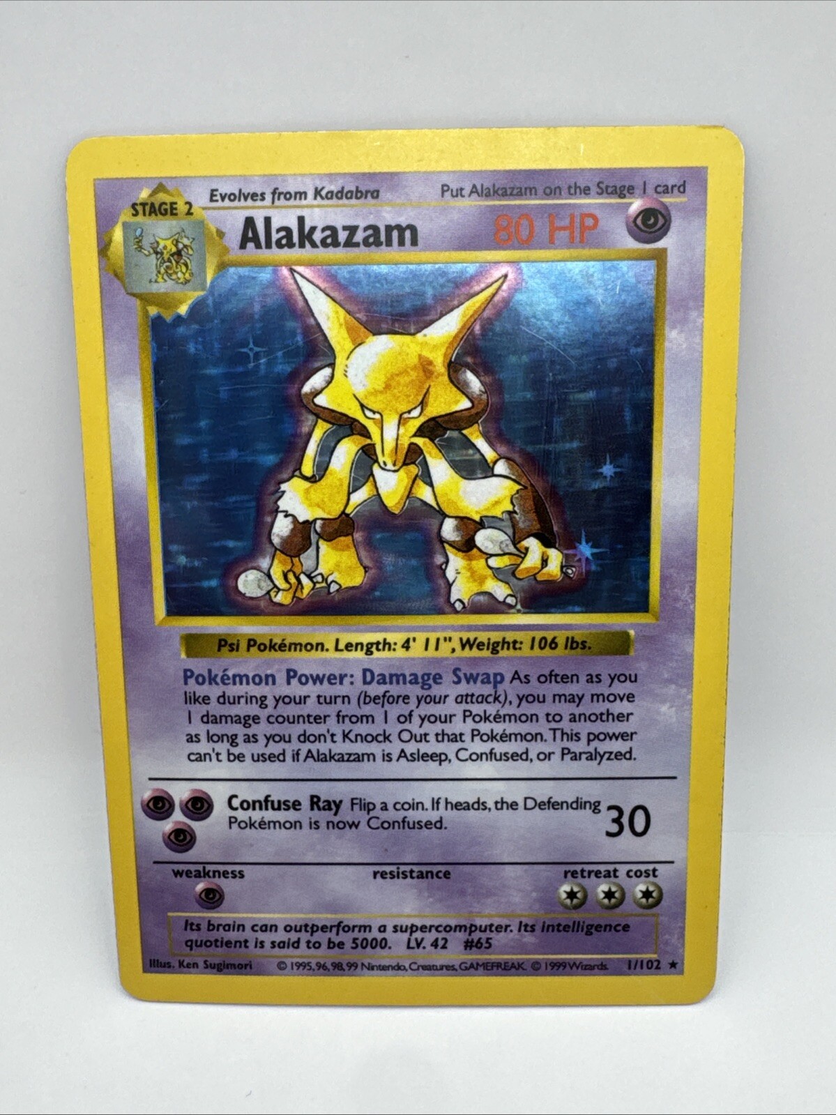 1999 Pokemon Alakazam Shadowless Base Set Holo 1/102 LP w/ writing on back