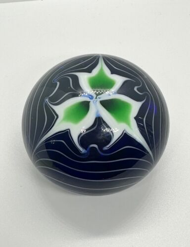 Blown Art Glass Pulled Feather Paperweight Blue Green White Leaves Round 3” - Picture 3 of 24