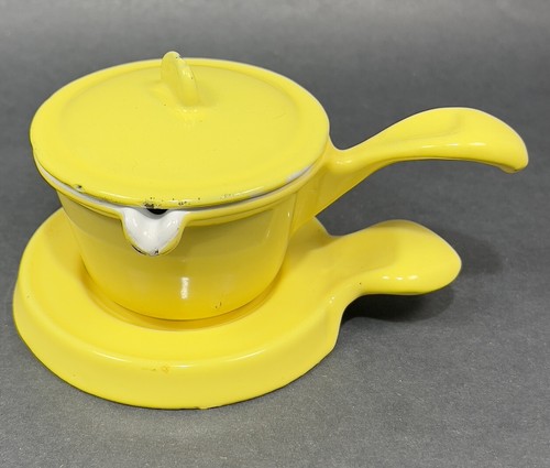 Vtg Descoware Butter Warmer Enamel Cast Iron Yellow Covered Dish Trivet Belgium - Afbeelding 1 van 19
