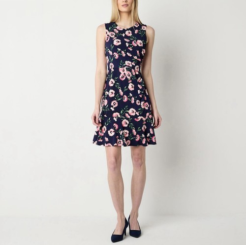 Jessica Howard Women's Sleeveless Floral Fit Flare Short Dress Navy SIZE 4 NWT - Picture 2 of 3