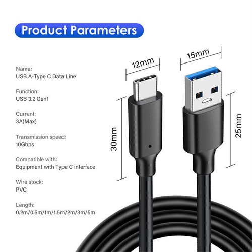 25cm USB A to C Data Cable Type C SuperSpeed Sync Fast Charging Charger Cord 60W - Picture 8 of 8