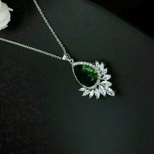 2.80CT Simulated Pear Cut Halo Emerald Teardrop Pendant 14K White Gold Plated - Picture 3 of 3