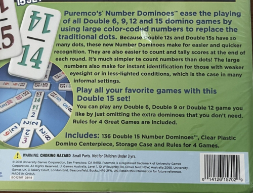 Number Dominoes Double 15 Set NEW University Games Puremco Jumbo-Numbers 136-Pcs - Picture 11 of 12