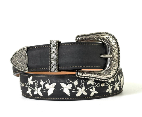 WOMENS COWGIRL FLORAL BELT GENUINE LEATHER APPROX. 1.5" BEAUTIFUL BLACK DESIGNED - Picture 3 of 4