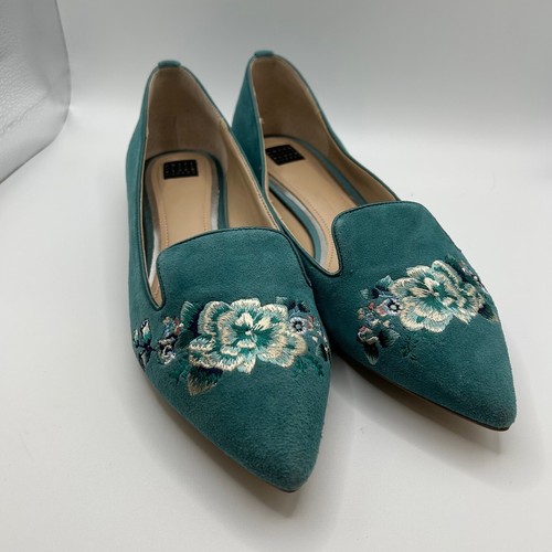 White House Black Market Ava Flats Womens 8.5 Teal Embroidered Floral Slip on - Picture 4 of 12