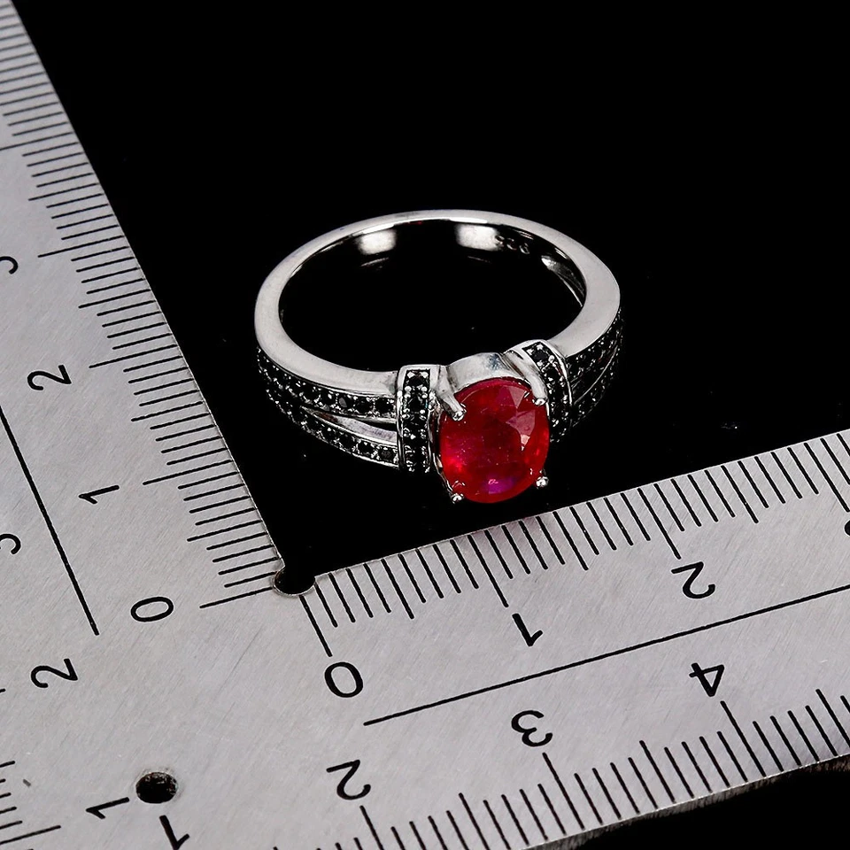 925 Anello Argento Sterling Ovale Rubino 8x6mm Spinello Naturale Gemma Misura 8 - Immagine 3 di 4