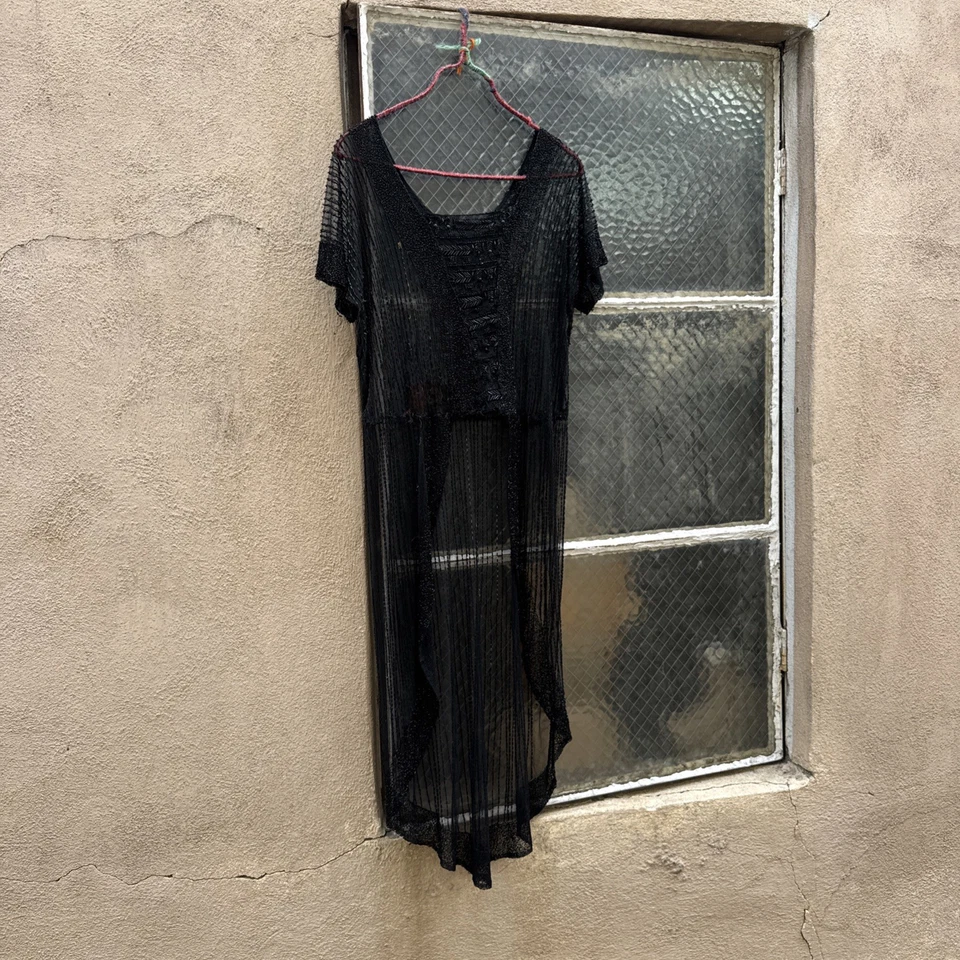 Antique 1920s Black Net Heavily Beaded Dress Train Short in Front Floral Vintage - Image 2 of 4