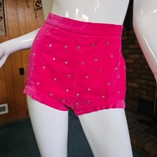 Vtg 60s Mod Go Go Rhinestone Hot Pants Pink Velvet Pin-Up Burlesque Shorts XS/S