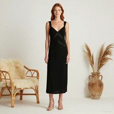 Evening Glam Midi Dress Black Jersey Sheath V-Neck Sleeveless Cocktail M
