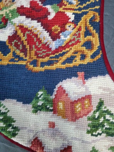 16"x6" - Vintage Needlepoint Christmas Santa, Sleigh, Village Stockings Unmarked - Picture 9 of 22