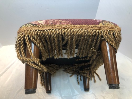 Vintage Upholstered Wood Foot Stool Ottoman Rectangle Floral Fringe - Picture 6 of 10