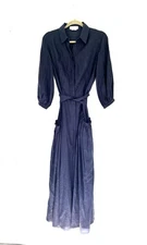 Gabriela Hearst 100% Linen Long Shirt Dress Navy Blue Midi Maxi Belted 42