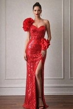 80s Red Sequin One Shoulder Ruffle Maxi Dress/ Mike Benet/ Size 4