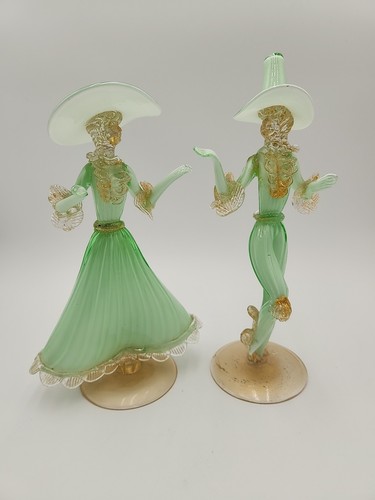 VTG VENETIAN MURANO Blown Green Cased GLASS Cowboy & Cowgirl FIGURINES 24KT GOLD - Picture 6 of 23