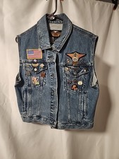 Harley Davidson Women's Denim Vest. Size 1W. Many Pins  Patches Included....