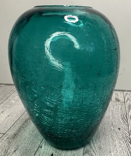Jarrón de vidrio soplado moderno de mediados de siglo CRACKLE rosetón verde azulado 6" - Imagen 6 de 10
