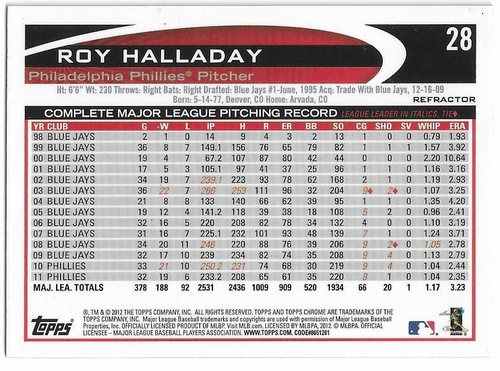 Topps Chrome Roy Halladay X-fractor #28 Philadelphia Phillies 2012 - Imagen 2 de 2