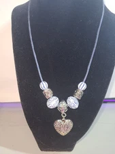 Cute Heart Pendant Necklace On Thread Beaded Blue 14in