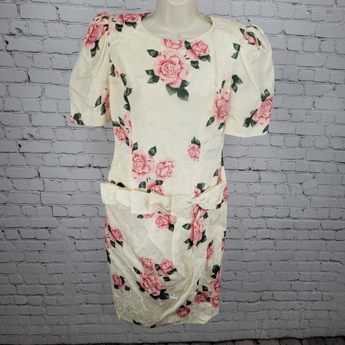 VTG Richard Warren Evening Ivory Silk Rose Bow Puff Sleeve Dress Retro Size 6