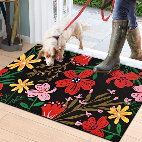  Summer Floral Door mats, Flowers Low Profile Rug Washable Indoor Black Floral - Bild 1 von 7