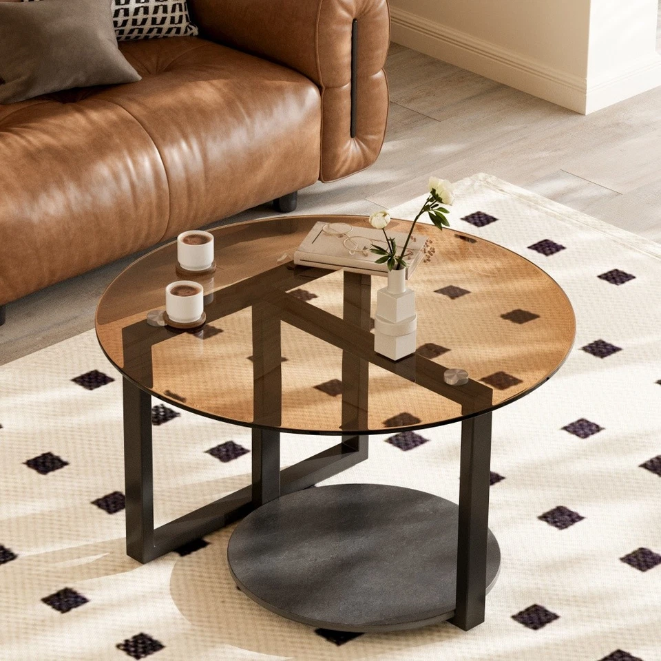 Mesa de centro redonda de vidrio ámbar mesa de centro sala hogar oficina muebles Foto 3 de 4