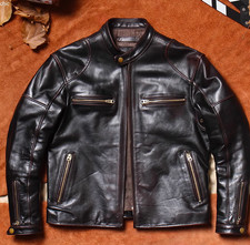 Men's Stand Collar Motorcycle Jacket Tea Core Horse Leather New Short Washed