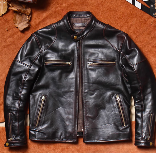 Herren Stehkragen Motorrad Jacke Tee Kern Pferd Leder Neu Kurz Gewaschen - Bild 1 von 10