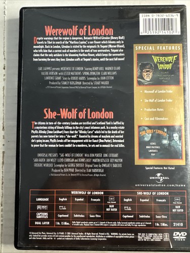 Wolf Man Double Feature DVD Werewolf of London She-Wolf of London Universal - Bild 2 von 4