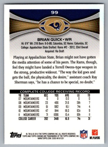 2012 Topps Chrome Brian Quick St. Louis Rams #99 - Picture 2 of 2