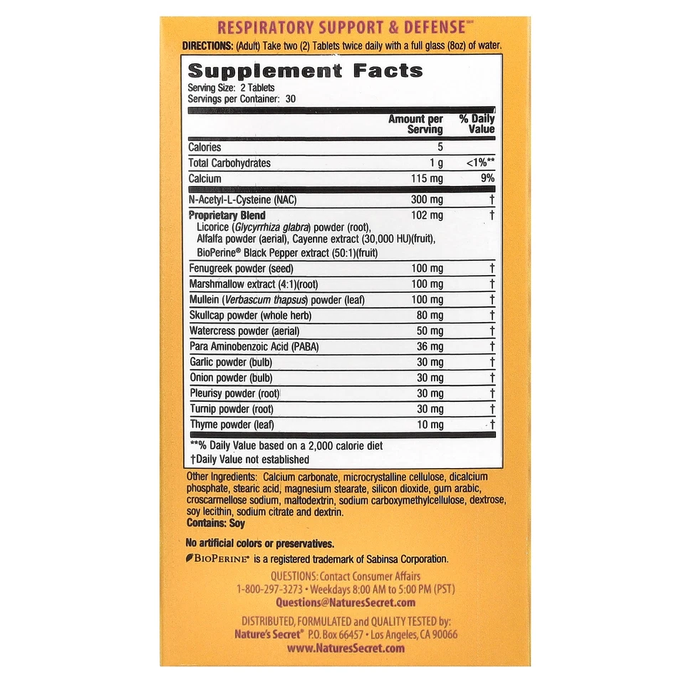 Nature s Secret Apoyo Respiratorio Defensa 60 Comprimidos Sin Colores Artificiales, Foto 2 de 3