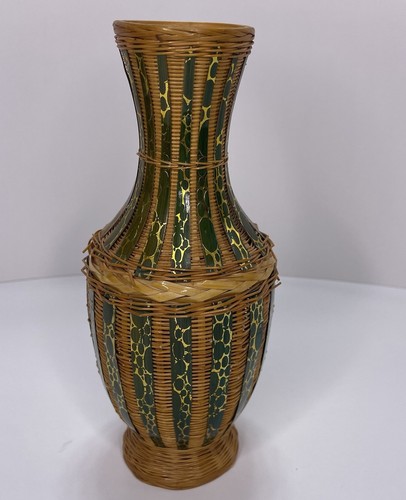 Vintage geflochtene Weidenkorb Vase Garten Weg Handarbeit 8" grün/gold Metall