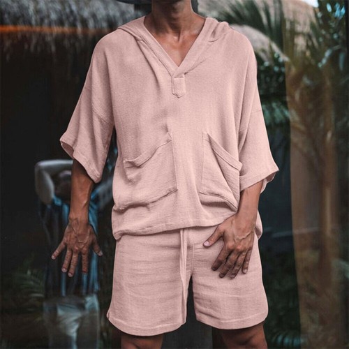 Mens Cotton Linen Sets Set Short Sleeve T Shirts Shorts Holiday Outfit 2-Piece - Picture 3 of 21