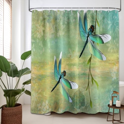 Dragonfly Shower Curtain Spring Green Plant Nature Bathroom Decor, Waterproof - Bild 2 von 7