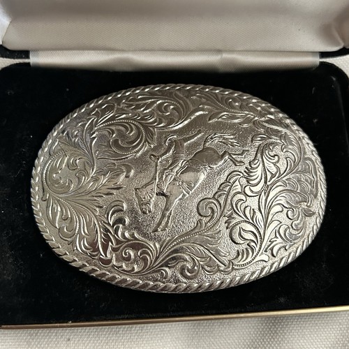 Vintage Resistol Western Belt Buckle Cowboy Horse Rider Rare w/ Box - Picture 2 of 4