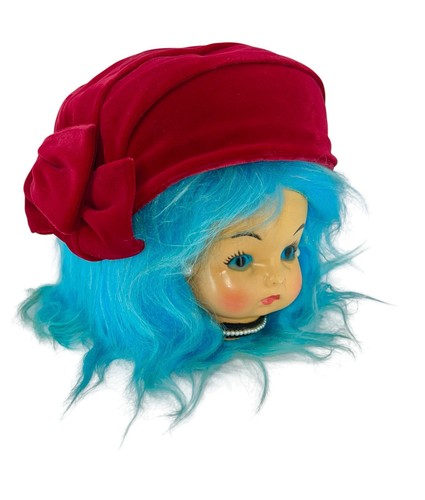 VINTAGE RED VELVET PILLBOX HAT LG BOW ROCKABILLY SWING VAMP SALLY VICTER MOD MCM