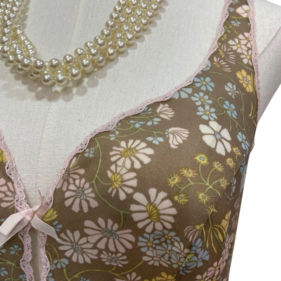 Vintage 60s Brown Floral Nylon Lacy Ruffle Mini Slip Dress Women’s Size S - Image 4 of 4
