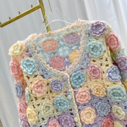 Autumn Womens Crochet Hollow Colorful Out Flower Knitted Cardigan Sweater Jacket - Picture 3 of 11
