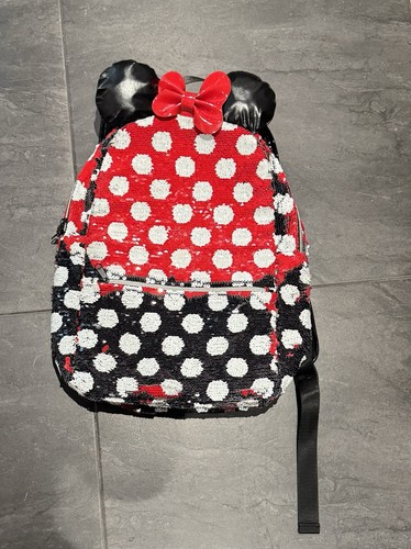 Disney Parks Minnie Mouse Sequined Full Size Backpack with Ears Bow Polka Dots - Picture 2 of 10