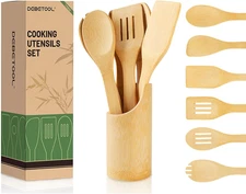 Bamboo Cooking Utensil Set - Natural Bamboo Wooden Spoons for Cooking, 7piece Ki