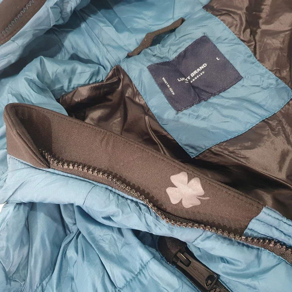 Lucky Brand Mens Size L Teal Quilted Puffer Hooded Zip Cold Weather Jacket - Image 4 of 4