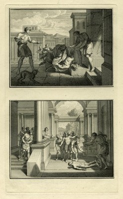 Antique Print-Eli falling from his chair and Dagon falling-Folkema-1750