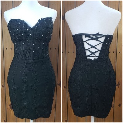 Black Corset Mini Dress Embroidered Rhinestone Lace-Up Whimsigoth Vampy Witchy S